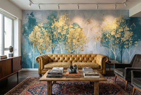 Altın Huş Ormanı Duvar Kağıdı, Soyut Duvar Resmi, Lüks Doğa Duvar Sanatı