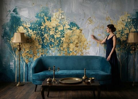 Altın Huş Ormanı Duvar Kağıdı, Soyut Duvar Resmi, Lüks Doğa Duvar Sanatı