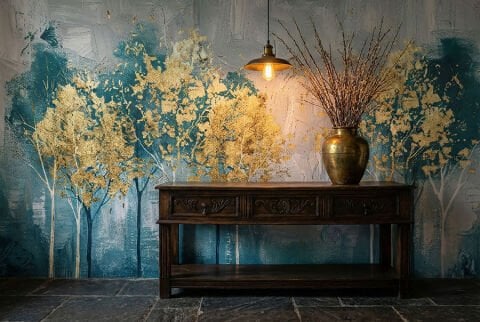 Altın Huş Ormanı Duvar Kağıdı, Soyut Duvar Resmi, Lüks Doğa Duvar Sanatı