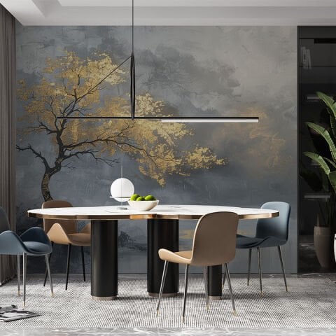 Soyut Altın Ağaç Duvar Kağıdı, Lüks Japandi Duvar Sanatı