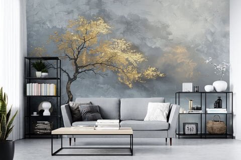 Soyut Altın Ağaç Duvar Kağıdı, Lüks Japandi Duvar Sanatı