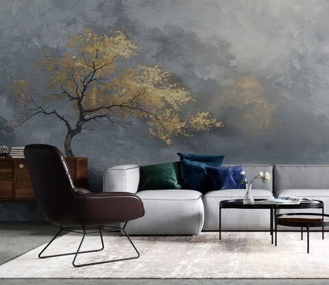 Soyut Altın Ağaç Duvar Kağıdı, Lüks Japandi Duvar Sanatı
