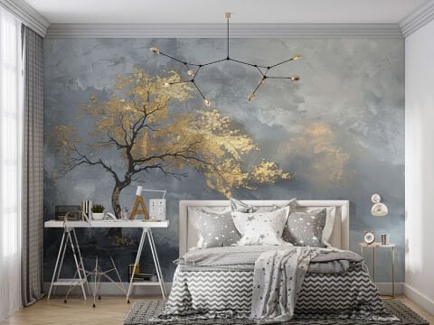 Soyut Altın Ağaç Duvar Kağıdı, Lüks Japandi Duvar Sanatı