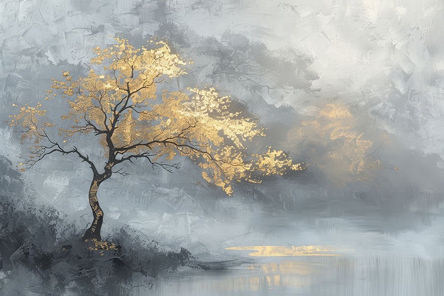 Soyut Altın Ağaç Duvar Kağıdı, Lüks Japandi Duvar Sanatı