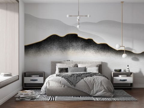 Soyut Dağ Manzarası Duvar Kağıdı, Japandi Altın Çizgi Duvar Resmi