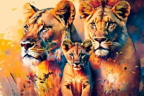 Aslan Ailesi Üç Aslan Dişi Erkek ve Yavru Duvar Kağıdı Kendinden Yapışkanlı (Vinil) 599,00₺/m2
