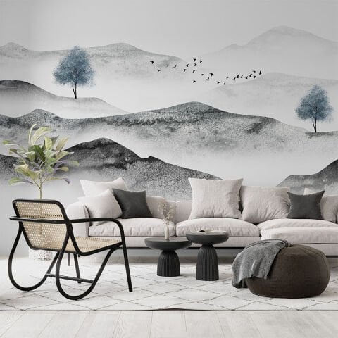 Soyut Mürekkep Yıkama Dağ Duvar Kağıdı, Minimalist Zen Duvar Resmi, Siyah Beyaz Manzara