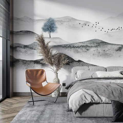 Soyut Mürekkep Yıkama Dağ Duvar Kağıdı, Minimalist Zen Duvar Resmi, Siyah Beyaz Manzara