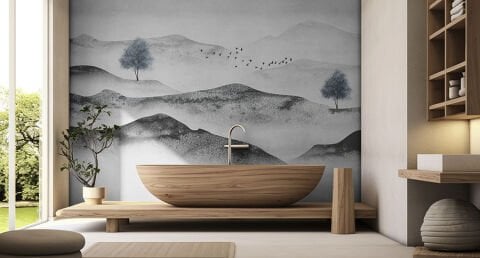 Soyut Mürekkep Yıkama Dağ Duvar Kağıdı, Minimalist Zen Duvar Resmi, Siyah Beyaz Manzara