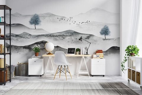 Soyut Mürekkep Yıkama Dağ Duvar Kağıdı, Minimalist Zen Duvar Resmi, Siyah Beyaz Manzara