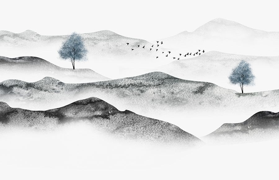 Soyut Mürekkep Yıkama Dağ Duvar Kağıdı, Minimalist Zen Duvar Resmi, Siyah Beyaz Manzara