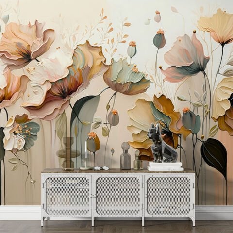 Soyut Çiçekler Pastel Boya Oturma Odası Duvar Kağıdı