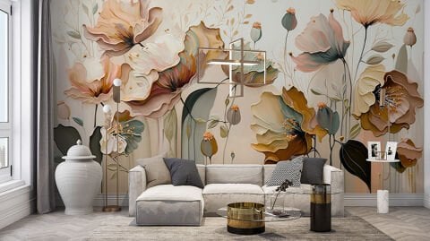 Soyut Çiçekler Pastel Boya Oturma Odası Duvar Kağıdı