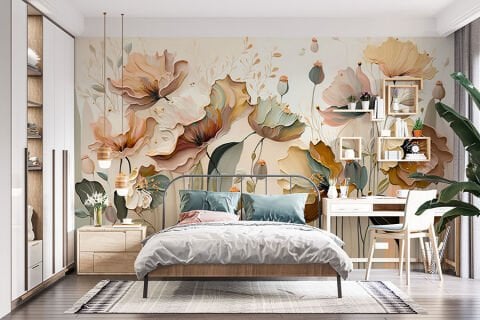 Soyut Çiçekler Pastel Boya Oturma Odası Duvar Kağıdı