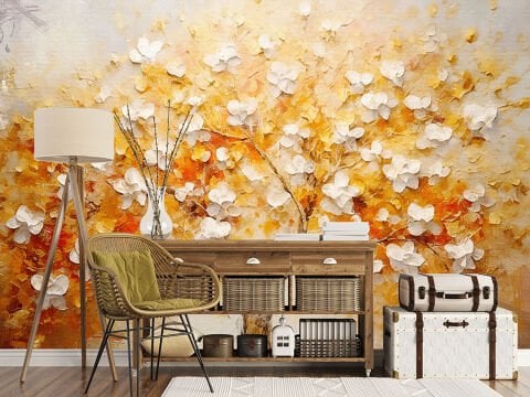 Vintage Altın Ağaç Duvar Kağıdı, Cesur Yağlı Boya Duvar Resmi