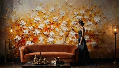 Vintage Altın Ağaç Duvar Kağıdı, Cesur Yağlı Boya Duvar Resmi